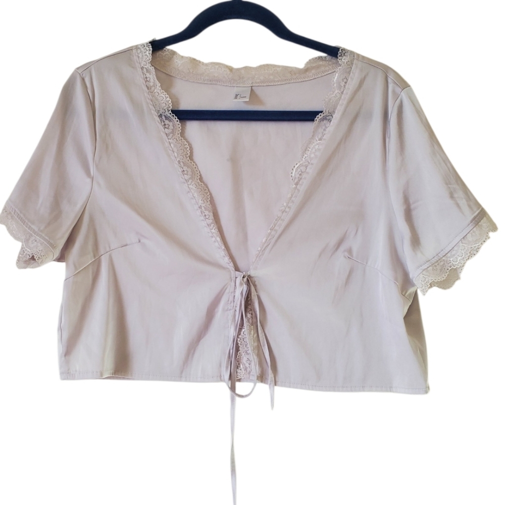 Ivory Lace Trim‎ Silky Tie Front Open Crop Top Size Large